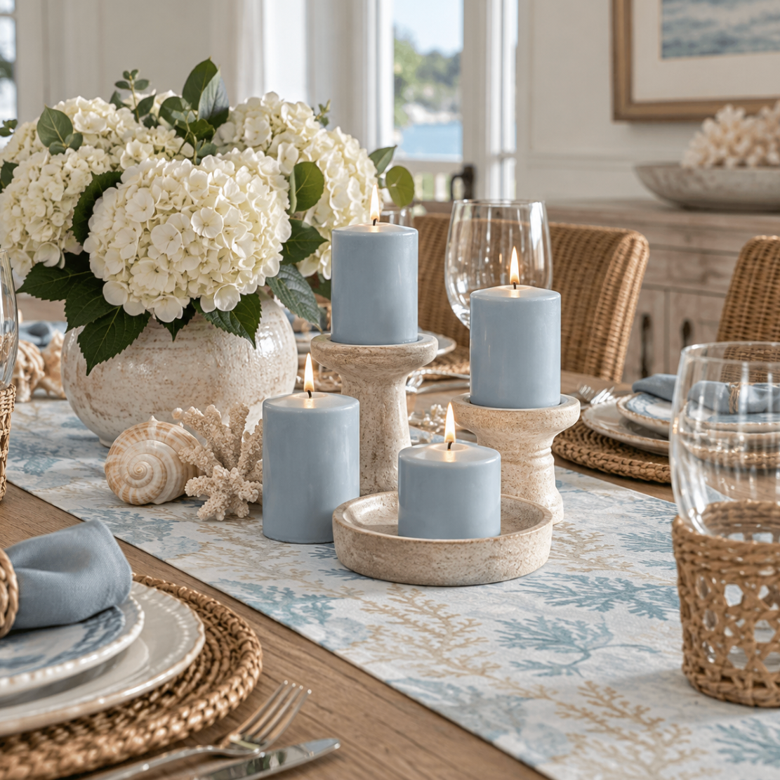 light blue flameless pillar candles for coastal decor