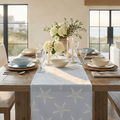 Light blue starfish design table runner for coastal, nautical, or beach themed table settings.