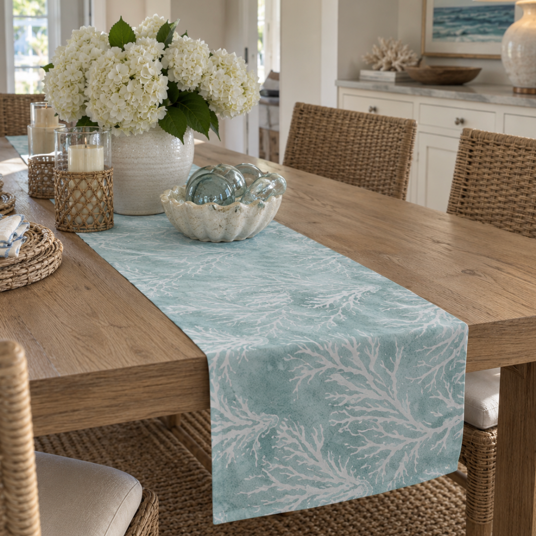 Light blue coastal table runner with a white coral pattern