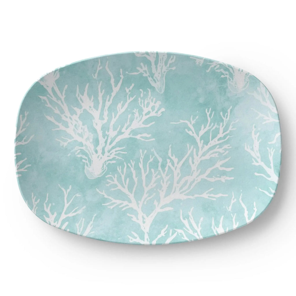 Light Aqua Coral Serving Platter with white coral motif on satin finish.