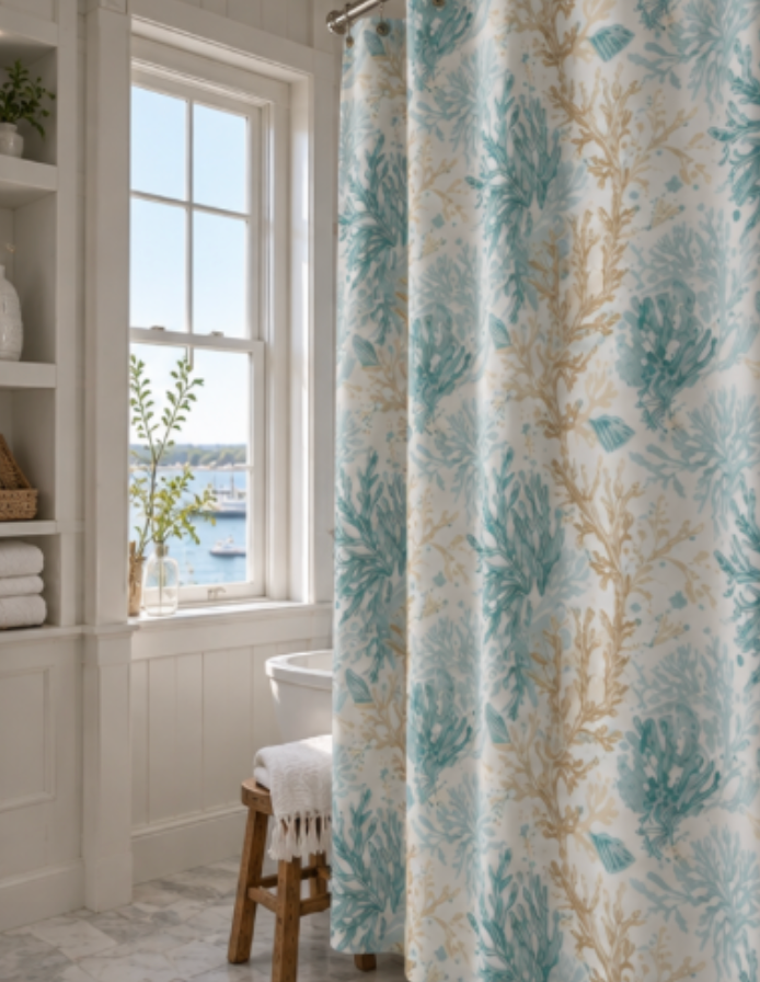 Light blue coral shower curtain for a beach house bathroom