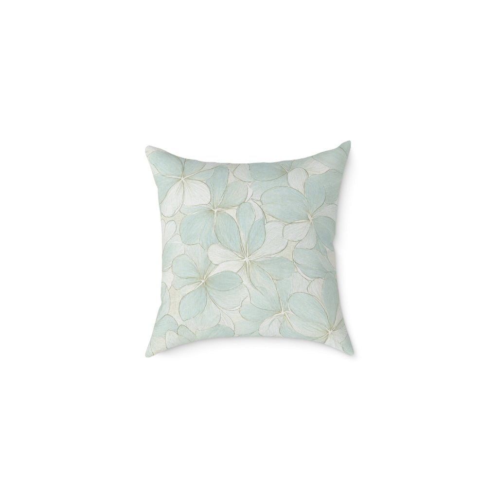 Soft blue hydrangea print decorative pillow for coastal, beach house, and neutral living room decor.