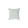 Soft blue hydrangea print decorative pillow for coastal, beach house, and neutral living room decor.
