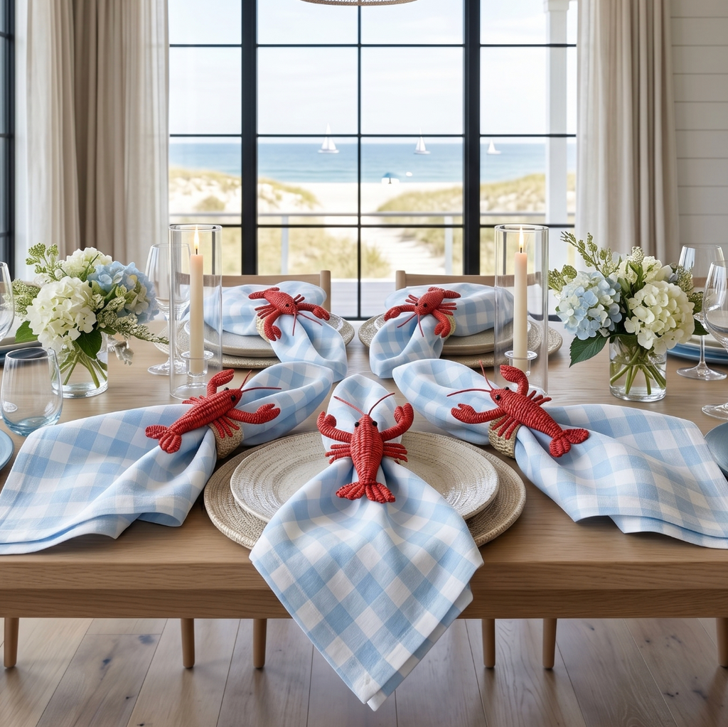 Set of 4 light blue gingham linen napkins styled with a lobster napkin ring on a coastal dining table.