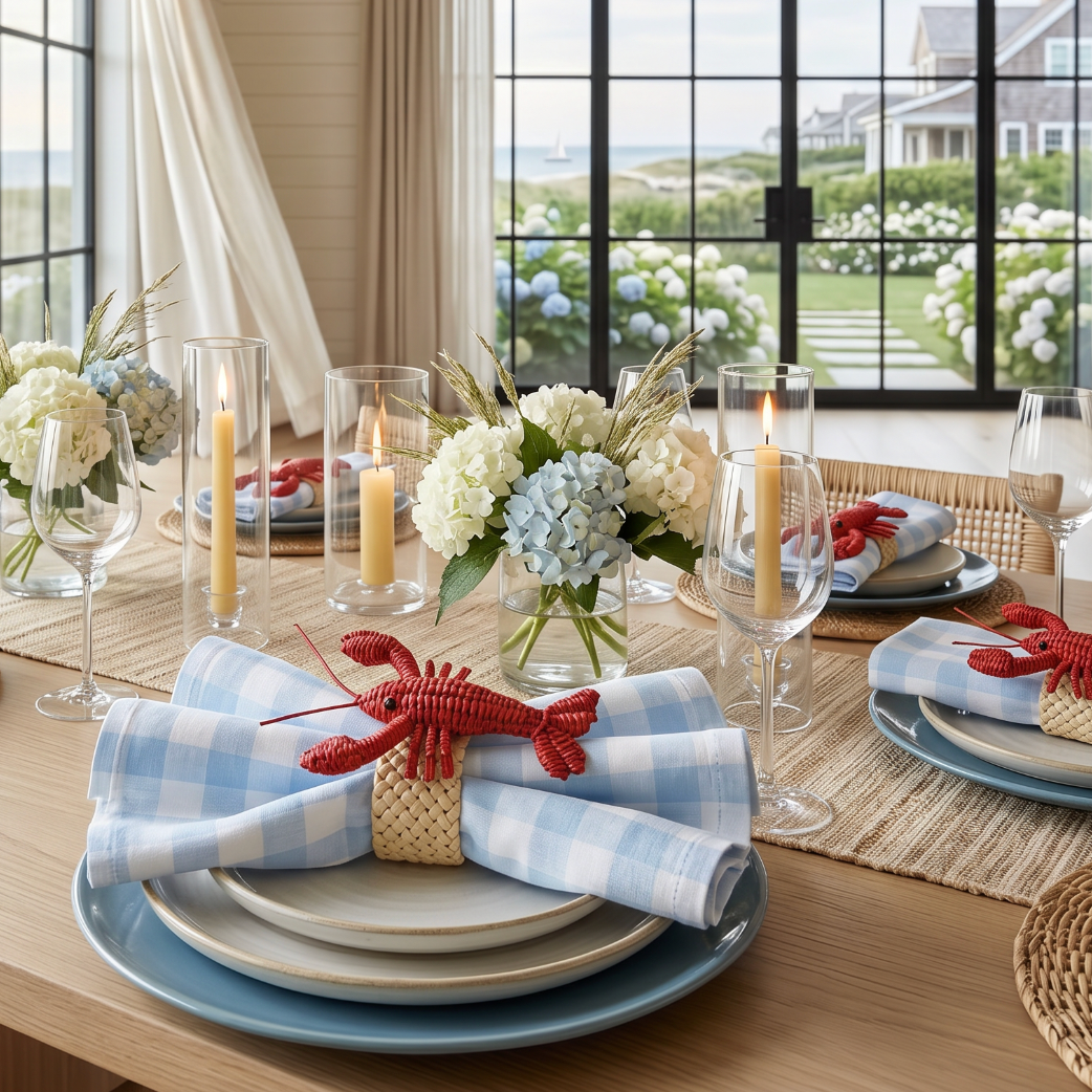 Light blue gingham cloth napkin with lobster napkin ring on a beach house summer table