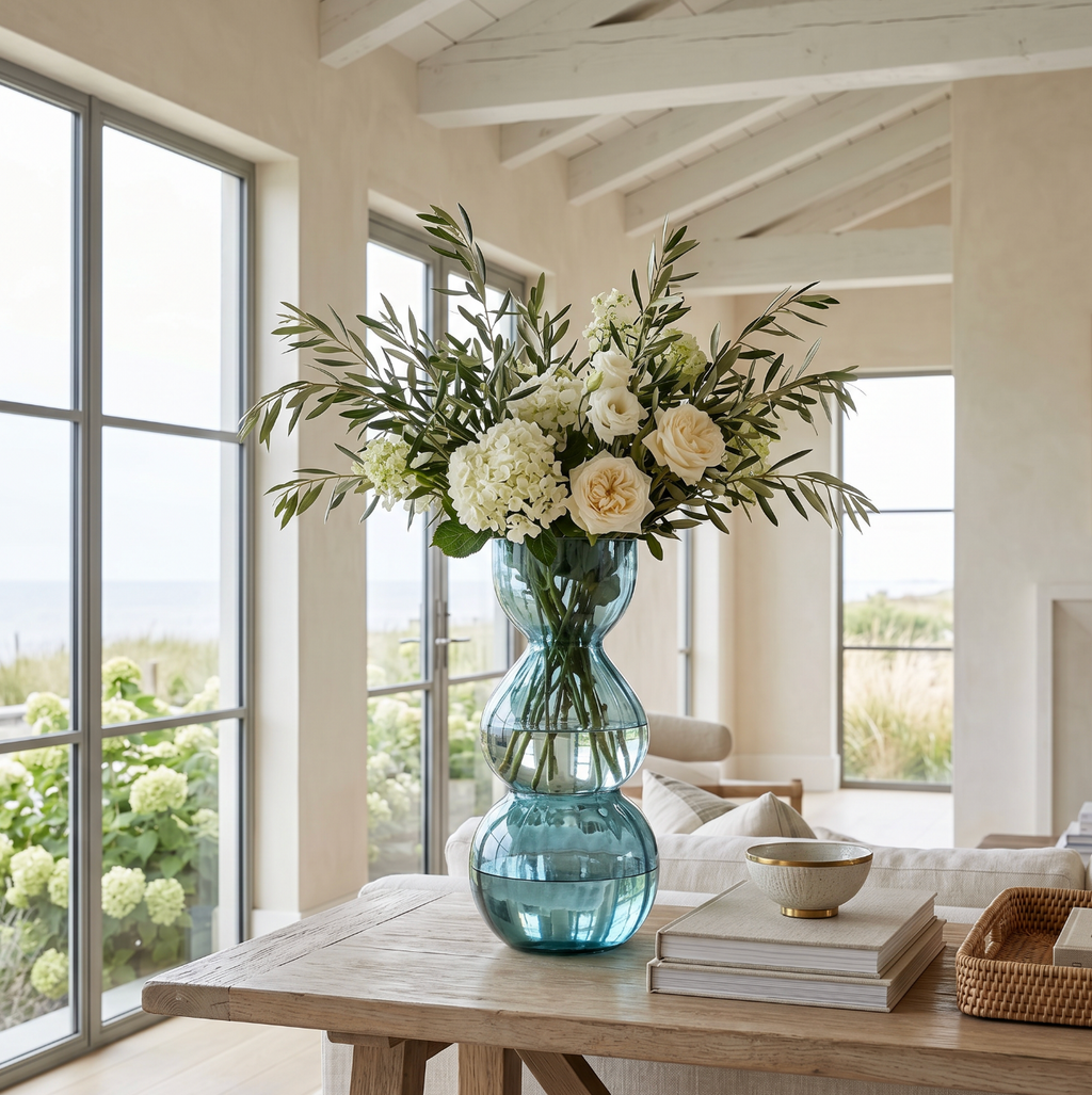 Tall light blue glass vase styled in a modern coastal living room with greenery for minimalist decor.