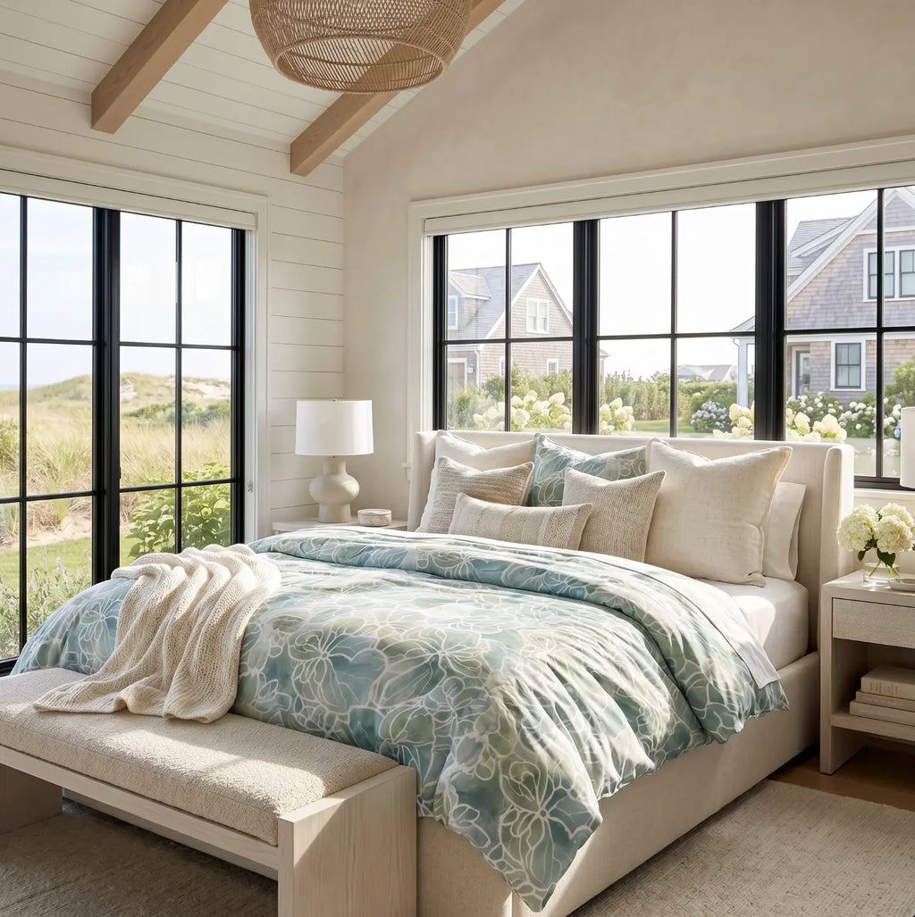 Light blue and green floral comforter on a bed with white sheets in a coastal bedroom