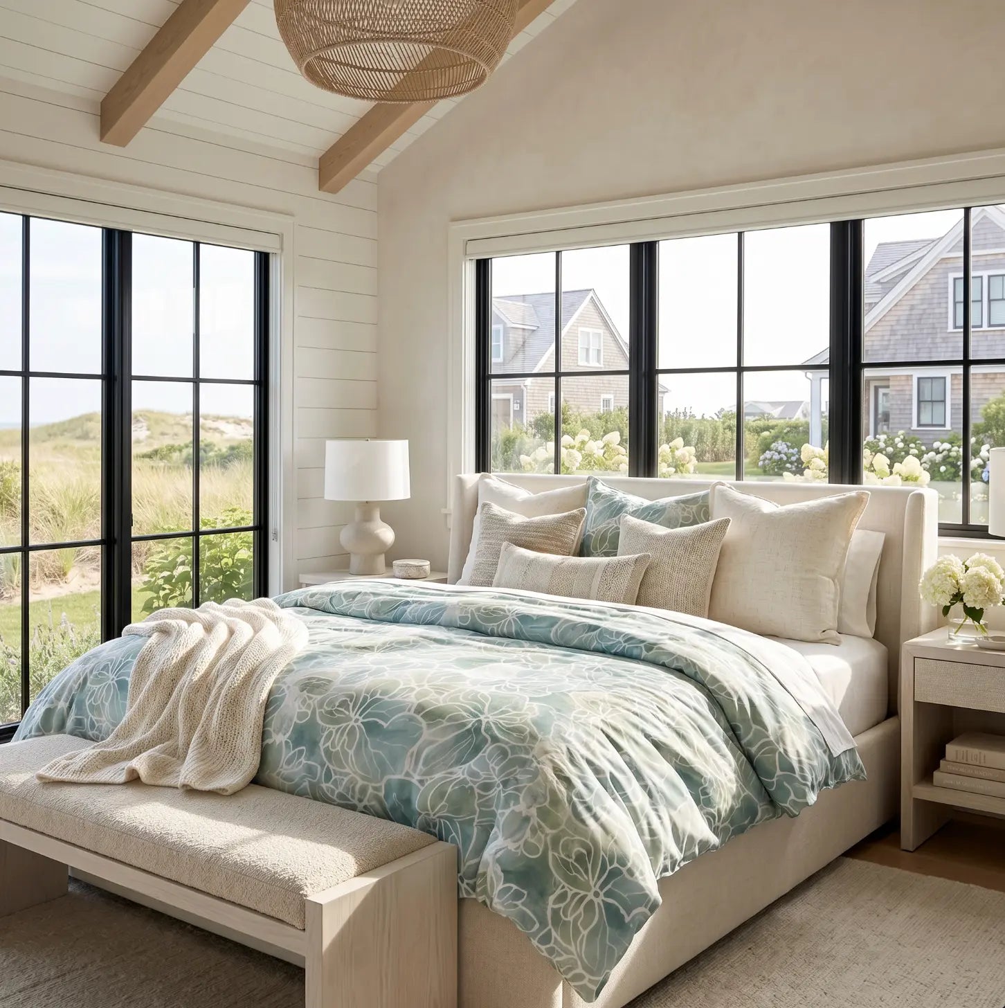 Light blue and green floral comforter on a bed with white sheets in a coastal bedroom