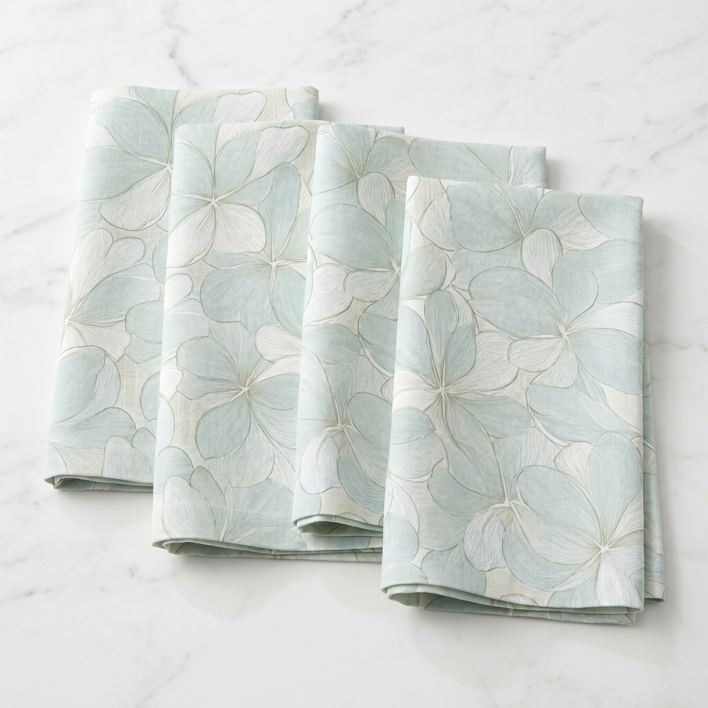 Soft blue hydrangea flower linen cloth napkins for coastal, beach, or summer table styling