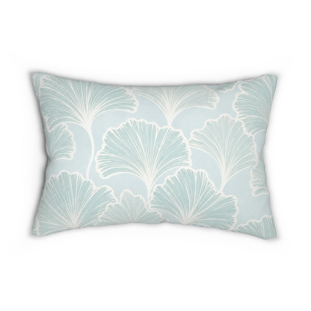 Light blue leaf pattern lumbar throw pillow designed for modern coastal interiors and neutral sofas.
