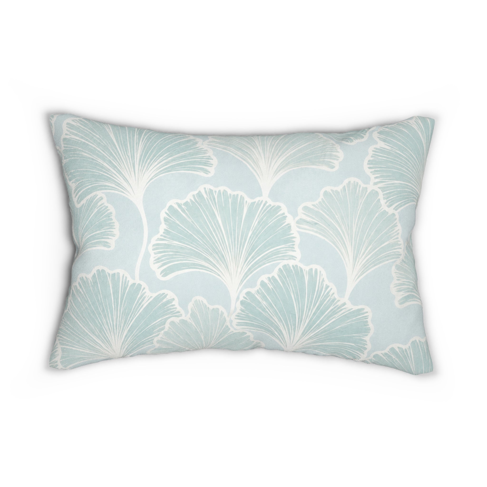 Light blue leaf pattern lumbar throw pillow designed for modern coastal interiors and neutral sofas.