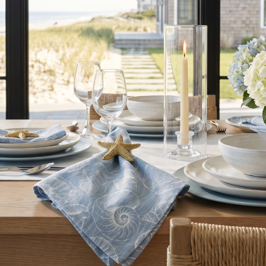 Set of 4 linen dinner napkins with white seashell pattern folded on a neutral coastal dining table.