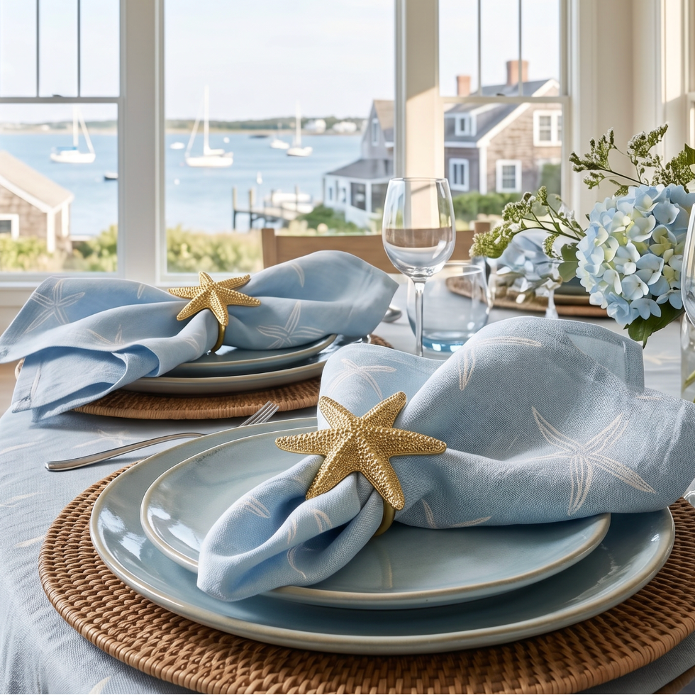 Set of 4 light blue linen dinner napkins with white starfish design folded on a coastal style dining table.