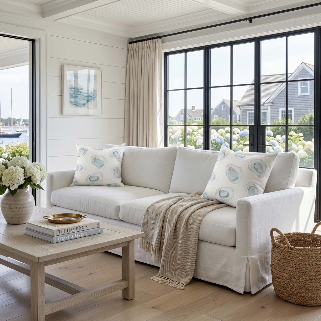 Light blue nautical oyster pattern throw pillow on a neutral couch in a bright coastal home