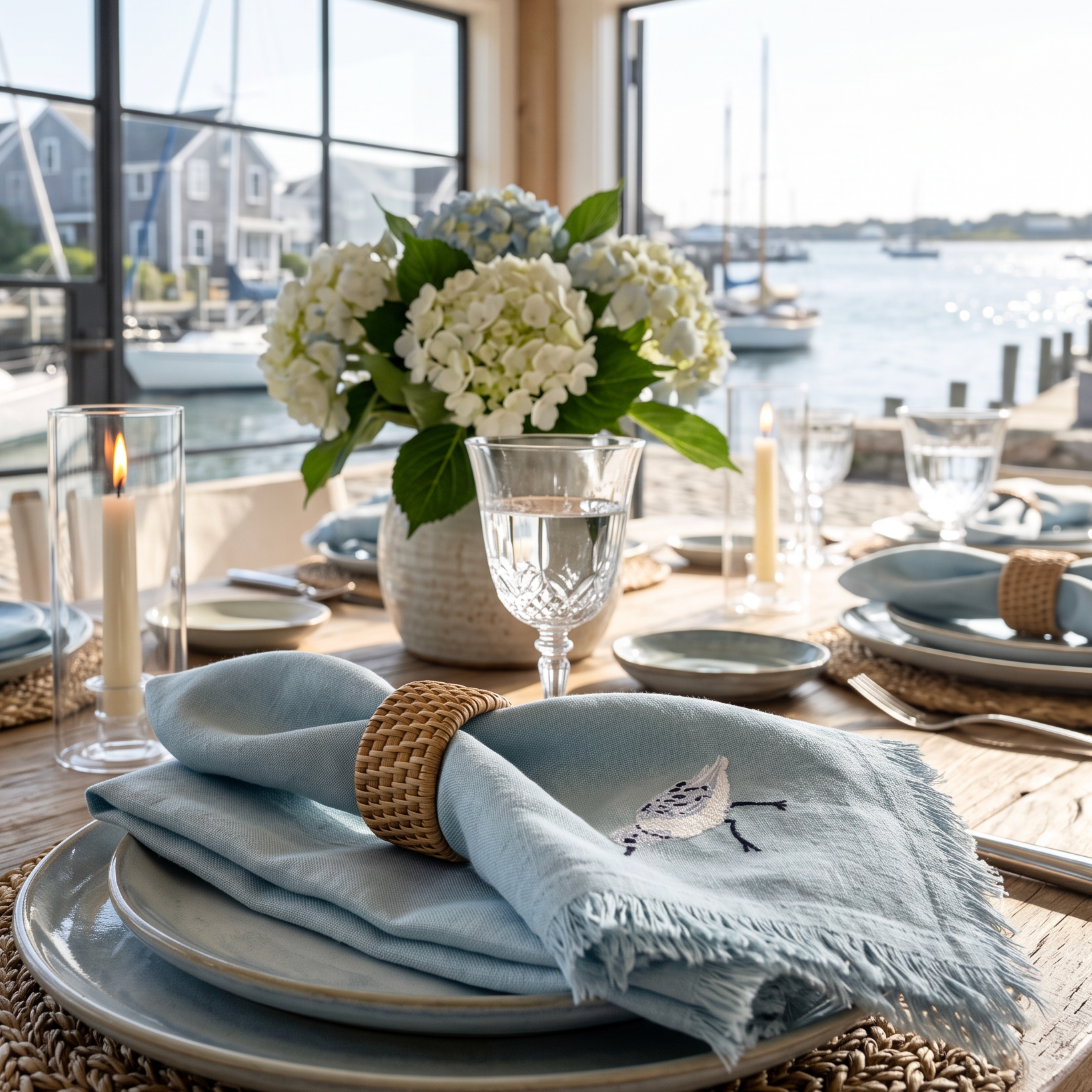 Embroidered shorebird napkins with fringe, adding a relaxed beach house detail to a seaside tablescape.