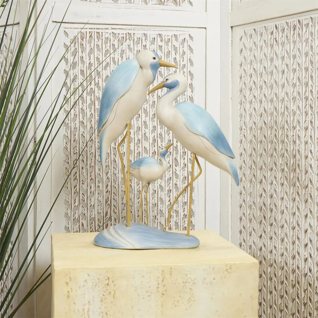 Light Blue Polystone Bird Family Decorative Sculpture Loving Coastal Living