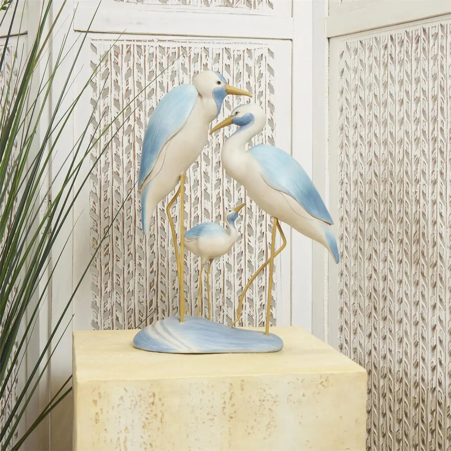 Light Blue Polystone Bird Family Decorative Sculpture Loving Coastal Living