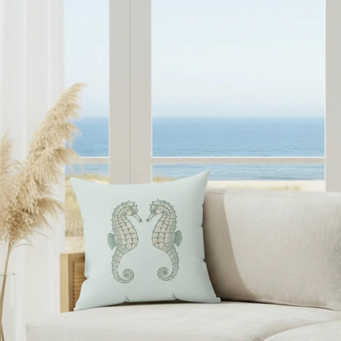 Twin Seahorse Throw Pillow featuring two seahorses on a pale aqua square cushion.