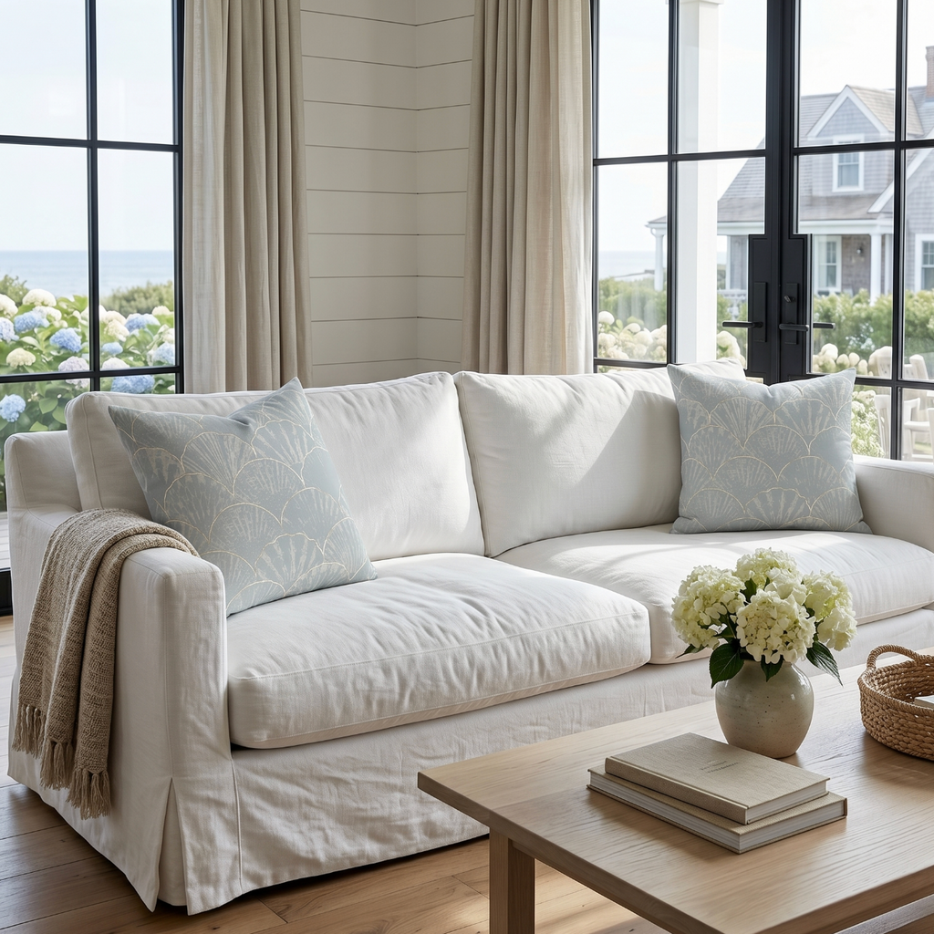 Coastal light blue seashell pattern throw pillow for beach house or nautical living room decor