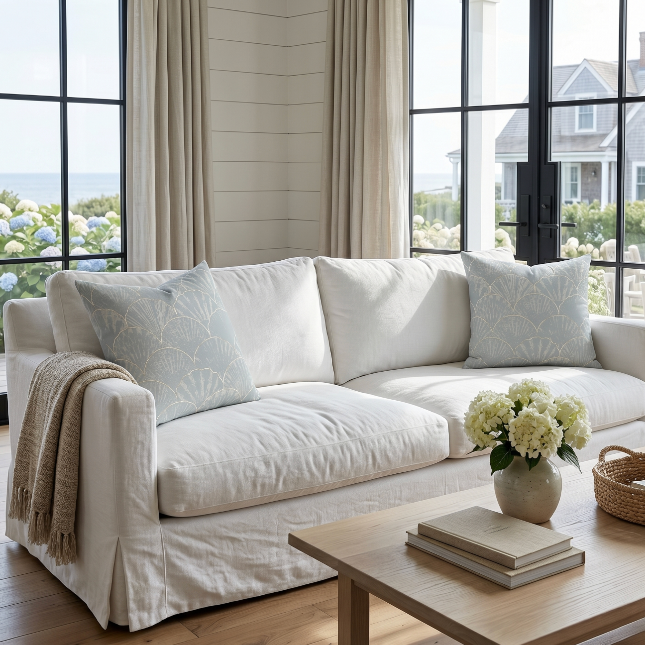 Coastal light blue seashell pattern throw pillow for beach house or nautical living room decor