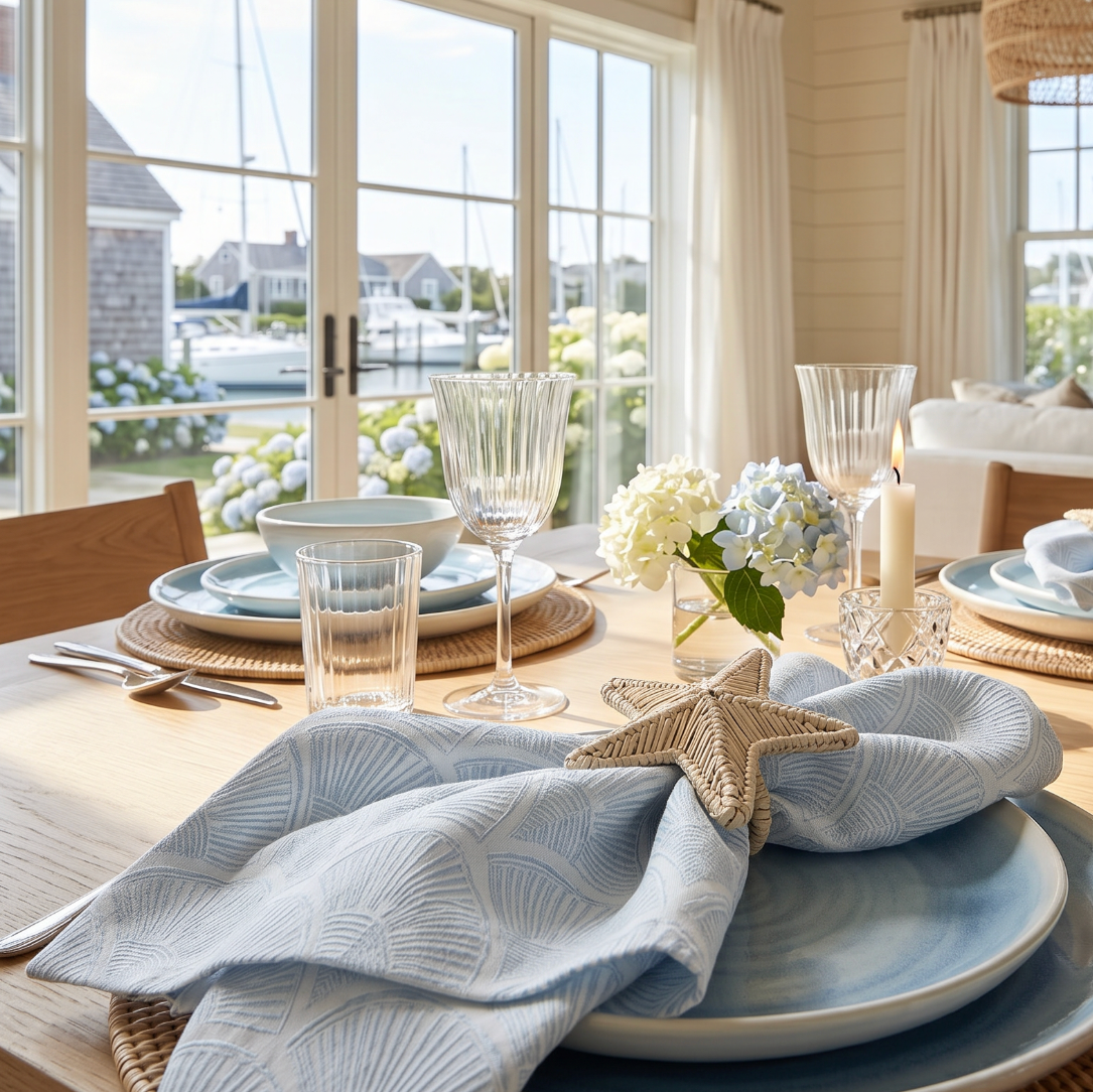 Light blue shell pattern linen napkin gathered in a woven starfish napkin ring on a coastal dining table overlooking the marina