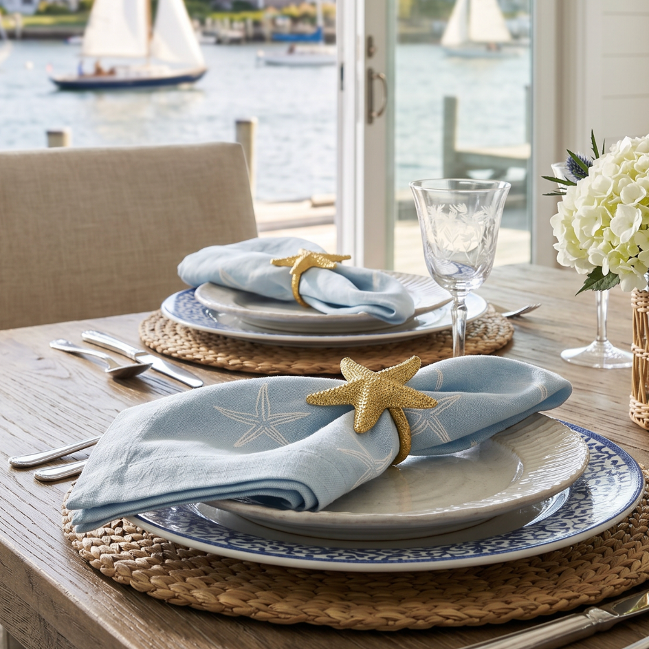 Light blue linen cloth napkins with white starfish print styled on a beach house summer table