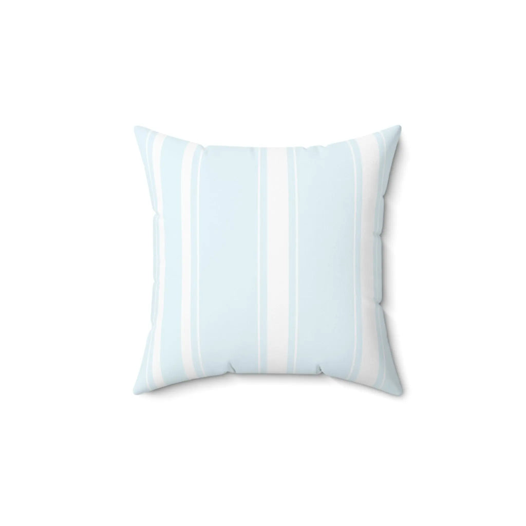Closeup of light blue striped throw pillow showing soft woven texture.