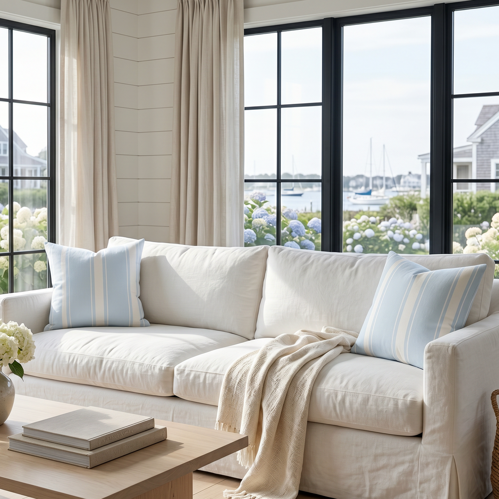 Light blue striped throw pillow on a couch in a coastal living room
