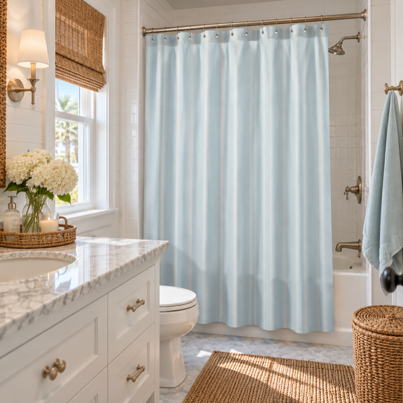Light blue striped shower curtain for a beach house bathroom