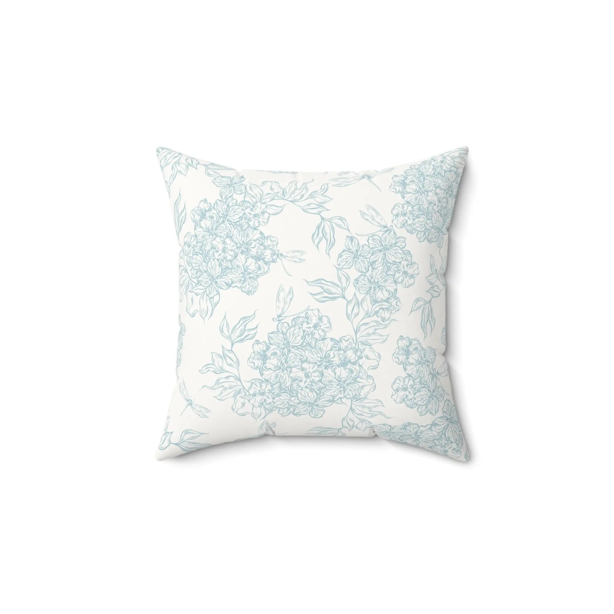 Chatham Hydrangea Suede Pillow with blue hydrangea toile on cream backdrop.