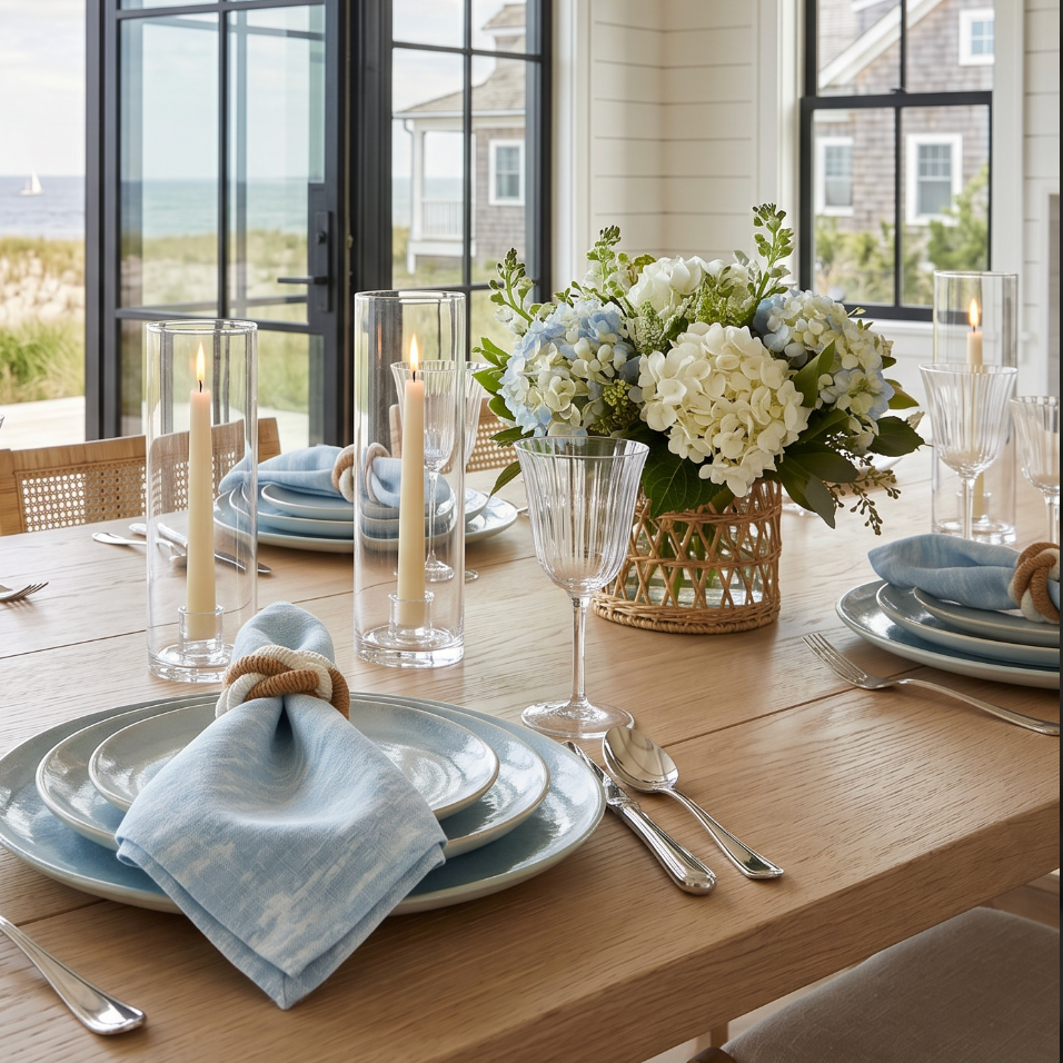 Light blue wavy design linen cloth napkins set of 4 styled for a beach house table setting.