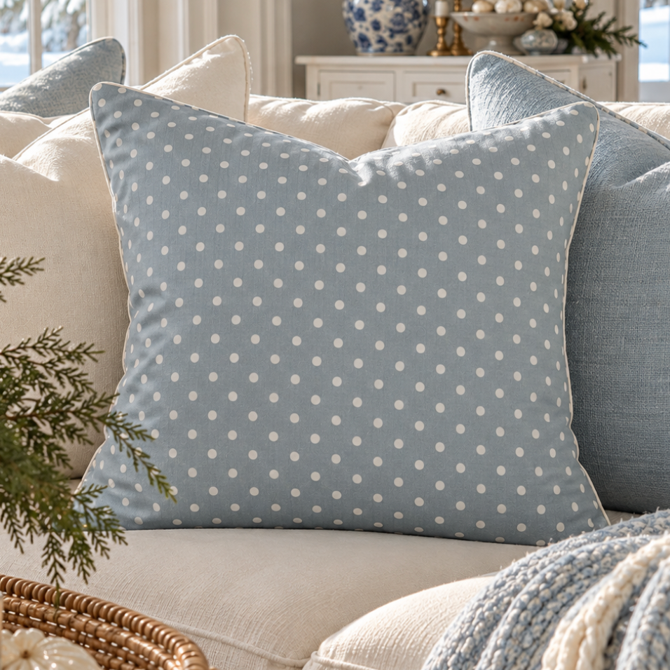 Light blue throw pillow with white polka dots for classic coastal home decor.
