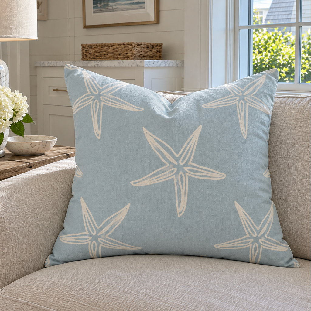 Light blue and white throw pillow featuring a starfish pattern, perfect for coastal home décor.