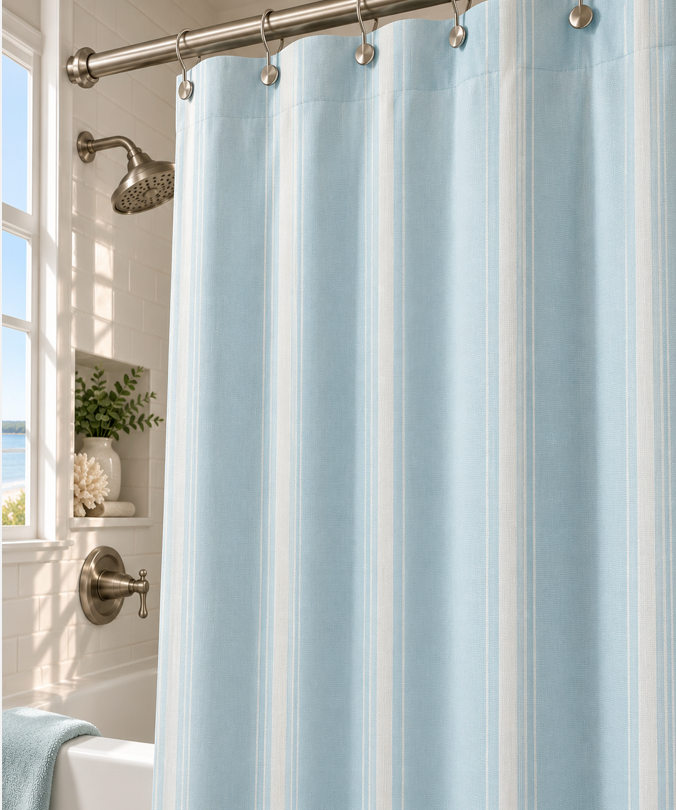Light blue and white striped shower curtain for a coastal bathroom