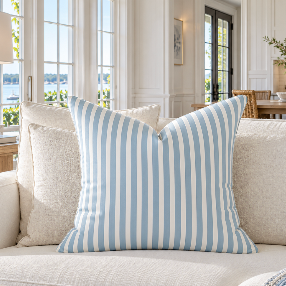 Light blue and white striped throw pillow for elegant coastal home décor.