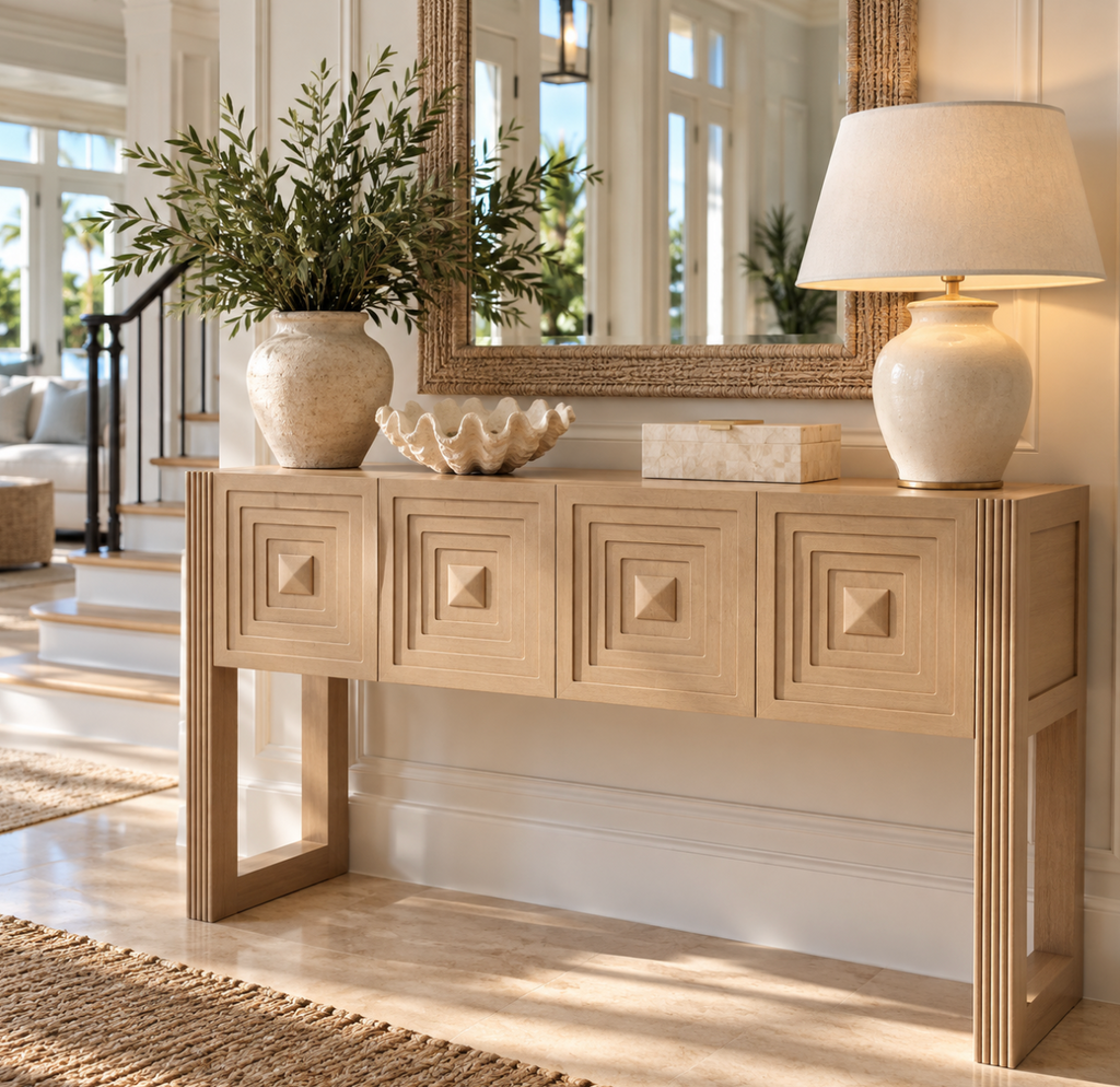 Light brown carved console table with decorative geometric detailing and fluted legs.