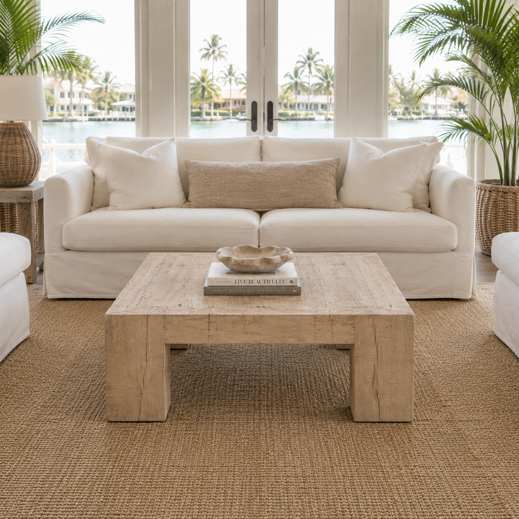 Light teak square coffee table styled in a luxury coastal living room with a cream sofa and solid neutral pillows.