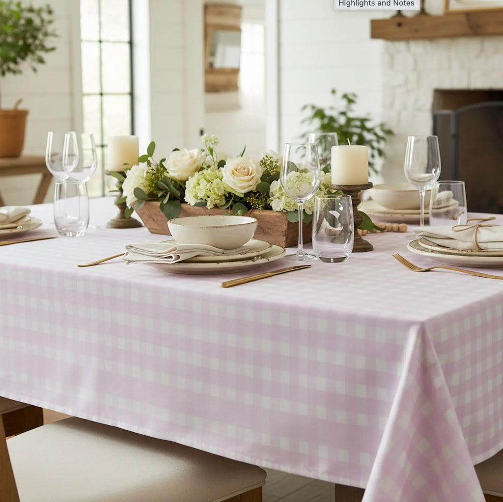 Pink and white gingham tablecloth creating a soft, playful look on a coastal dining table