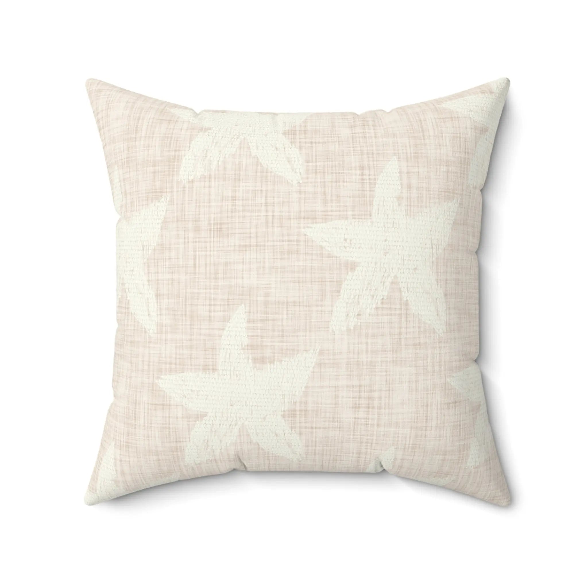 Paloma Starfish Throw Pillow with salmon-blush backdrop and white hand-painted starfish motifs.