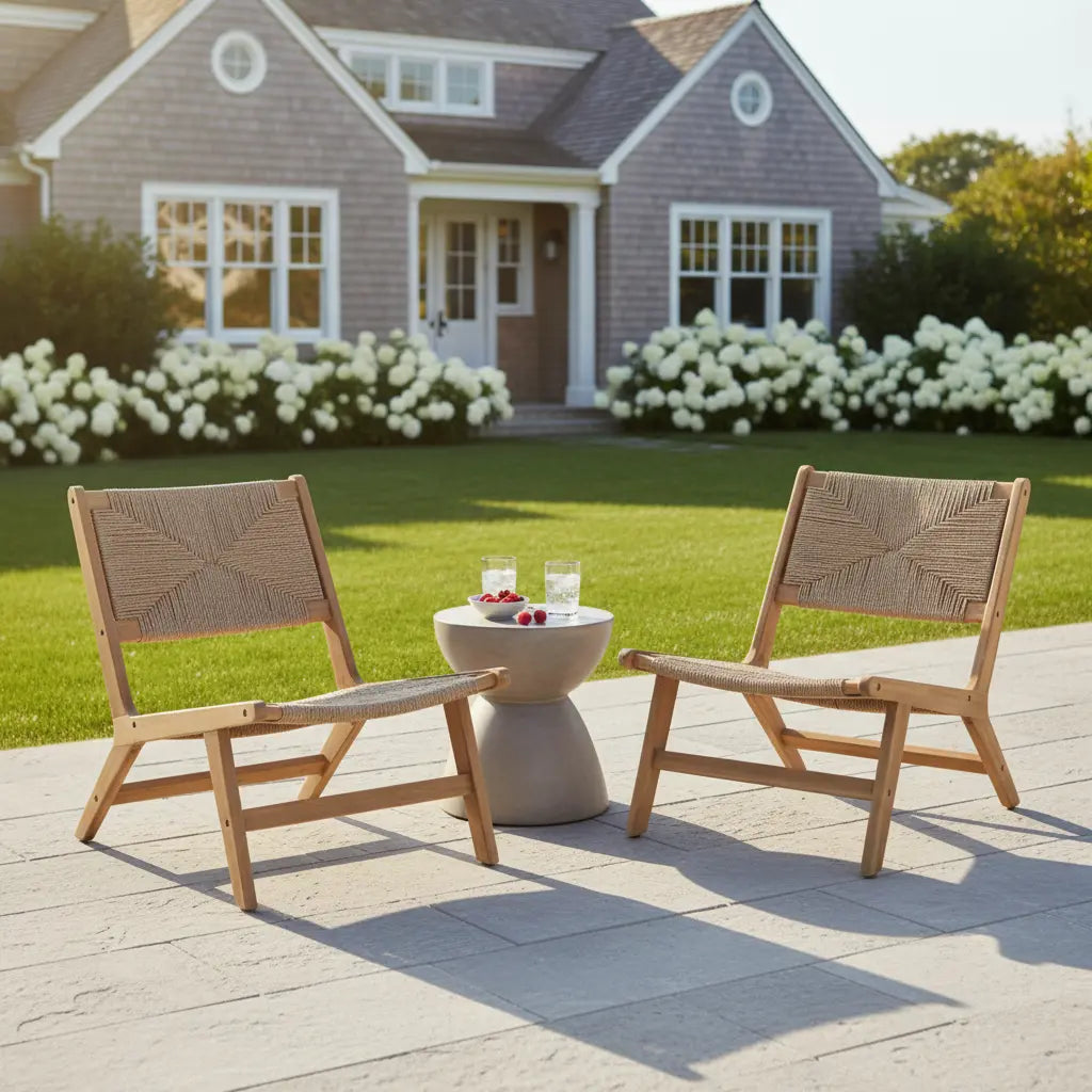 Weather-resistant armless lounge chair showing solid wood construction