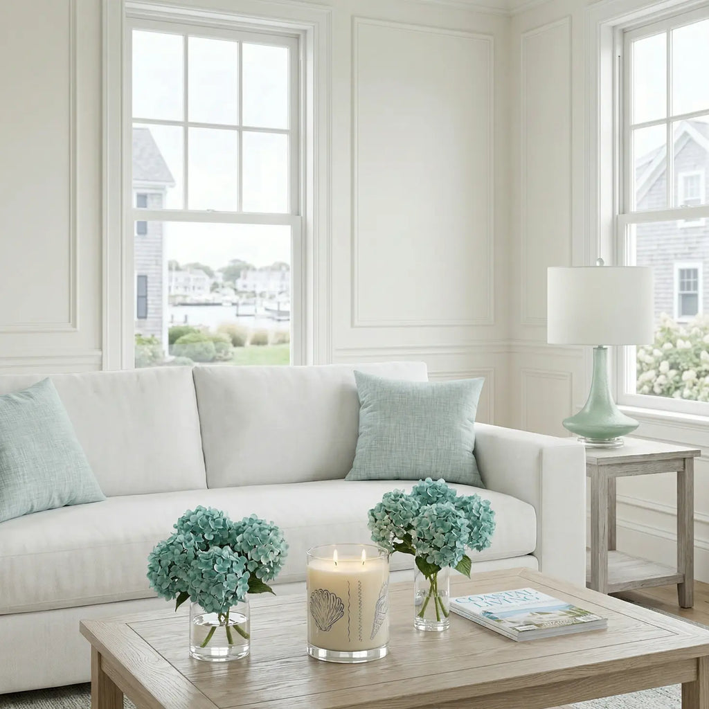 Breeze Linen Throw Pillow in pale aqua texture on white sofa with coastal accents.