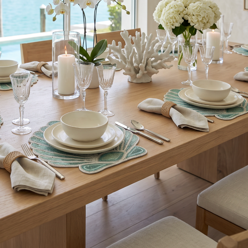 Shell motif beaded placemat softening a modern coastal table with organic shapes and sparkle.
