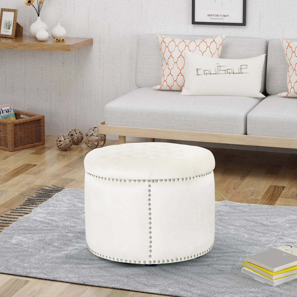 Cream Velvet Round Ottoman HouseOfZazla