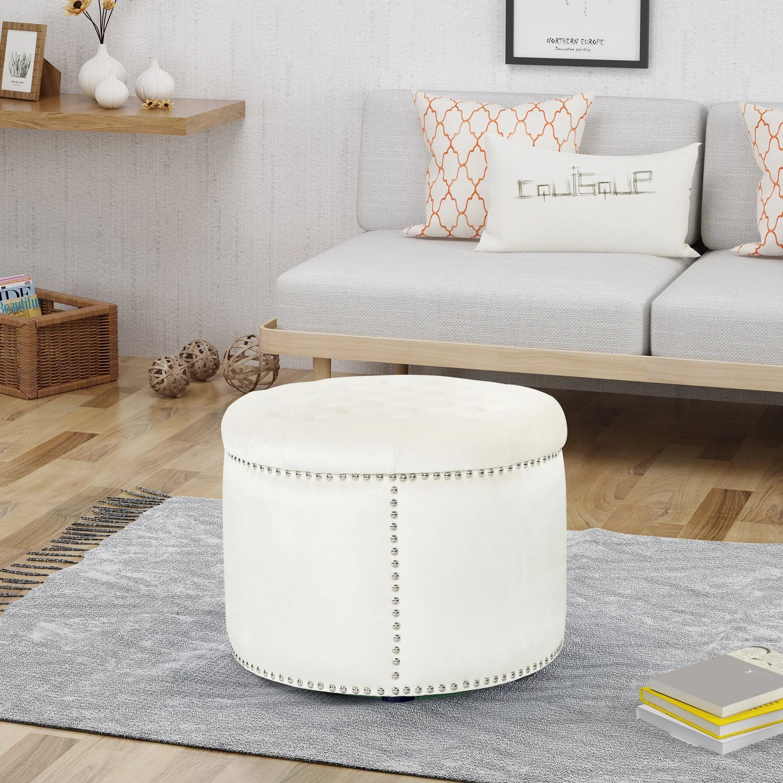 Cream Velvet Round Ottoman HouseOfZazla
