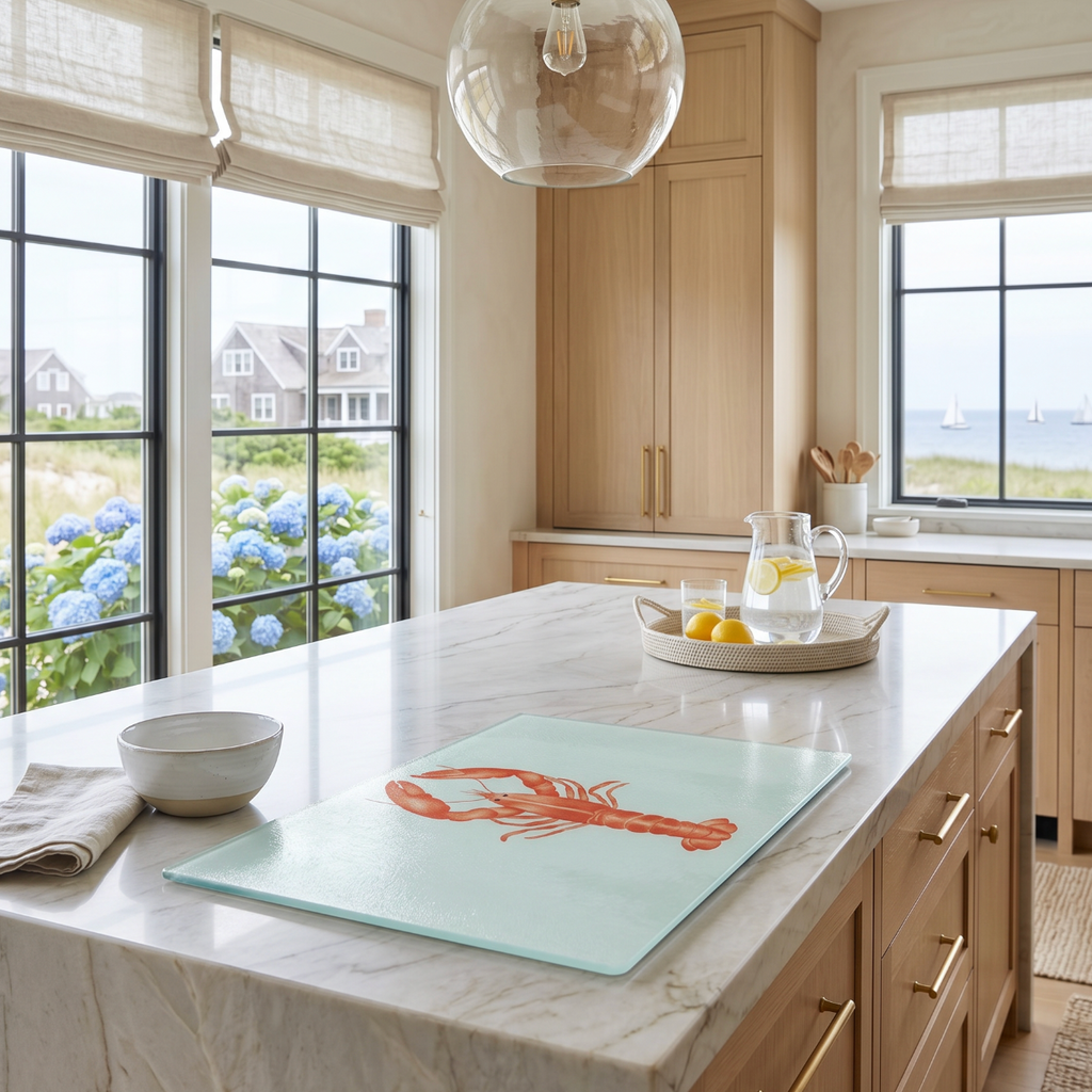 Glass serving board with lobster artwork used as a beach house cheese board for nautical entertaining.
