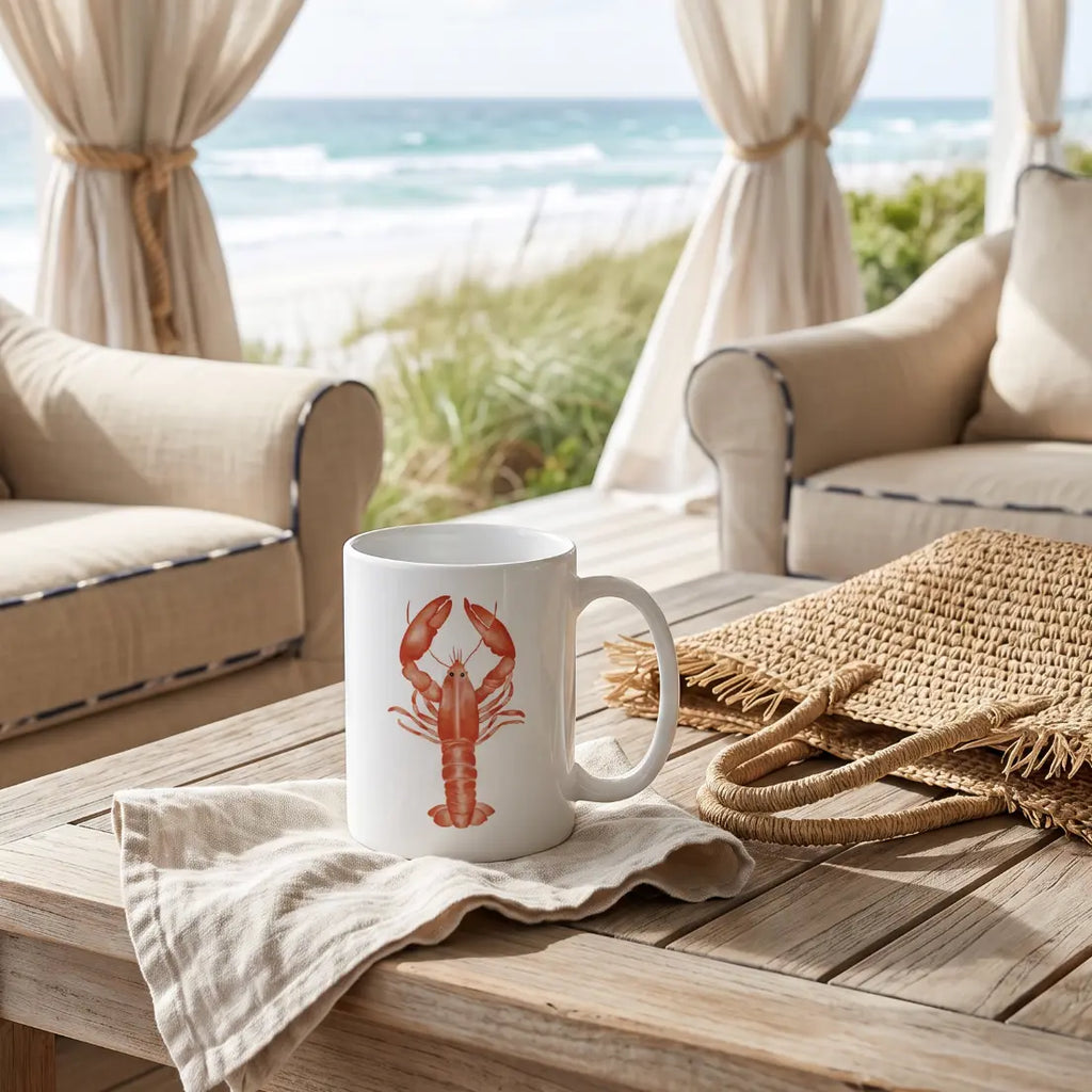 White coffee mug with red lobster illustration for coastal kitchens