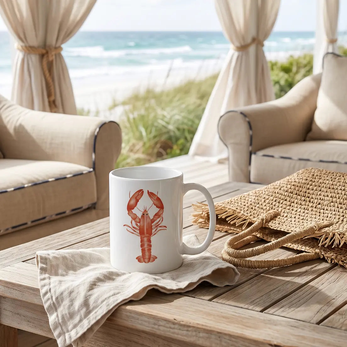 White coffee mug with red lobster illustration for coastal kitchens