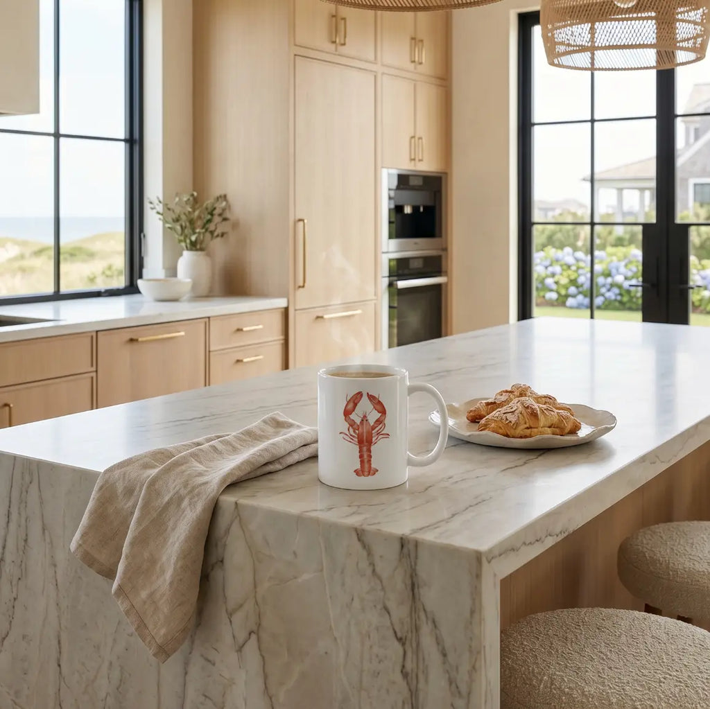 Lobster coffee mug on a breakfast table in a beach house