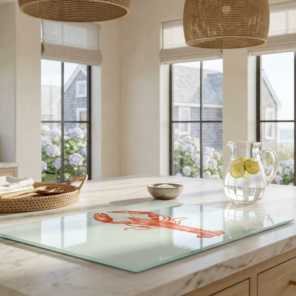 Rectangular tempered glass cutting board with red lobster design styled in a beach house kitchen.