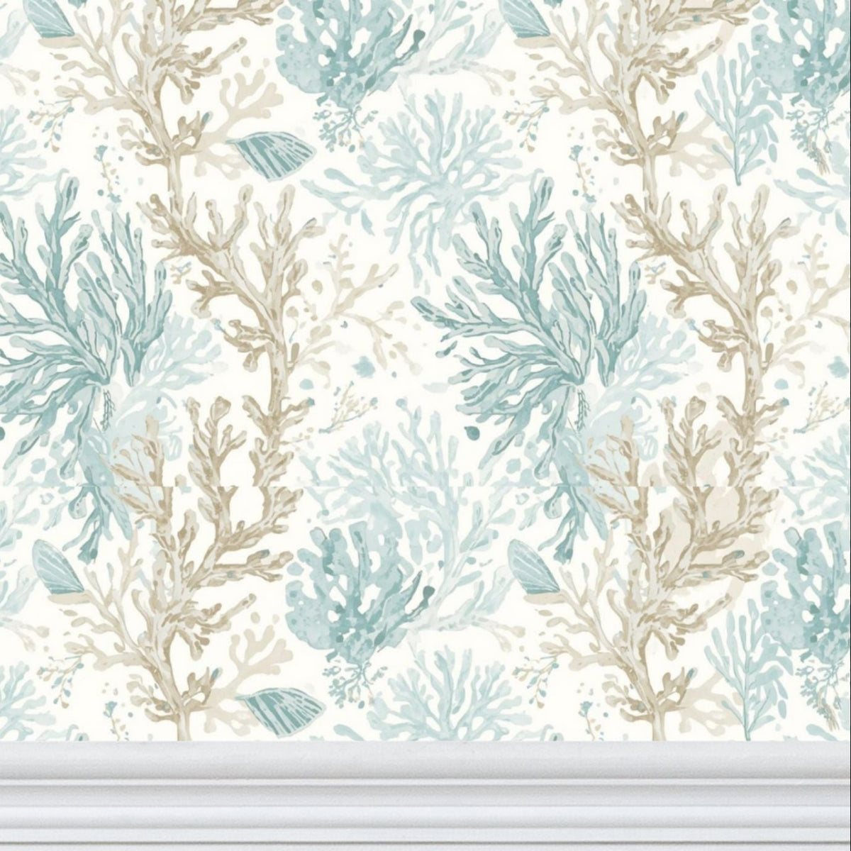 Coastal coral print wallpaper for creating a refined seaside-inspired room.